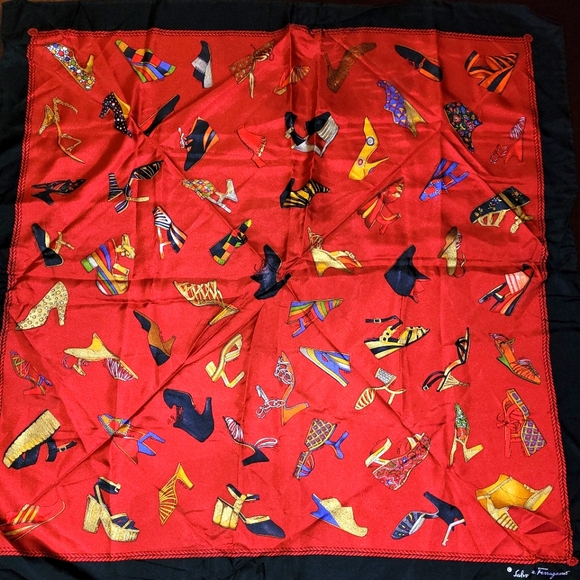 SALVATORE FERRAGAMO Vintage Silk Scarf 100% Silk Red Various Shoe Designs NWOT